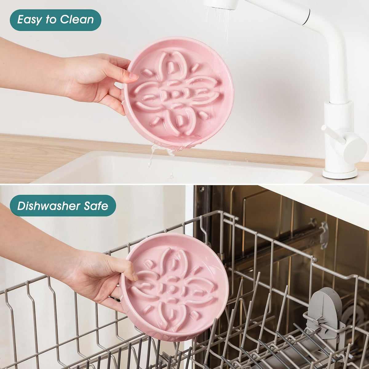 Ceramic Slow Feeder Dog Bowls, Puzzle Dog Food Bowls with Floral Maze, Anti -Slip Pet Food Dish for Small Breed, 0.6 Cups, Pink