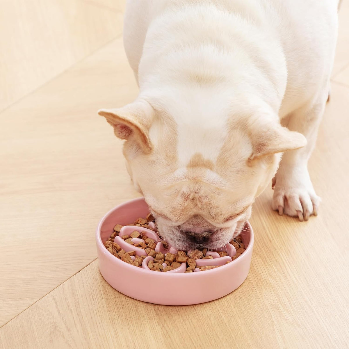 Ceramic Slow Feeder Dog Bowls, Puzzle Dog Food Bowls with Floral Maze, Anti -Slip Pet Food Dish for Small Breed, 0.6 Cups, Pink