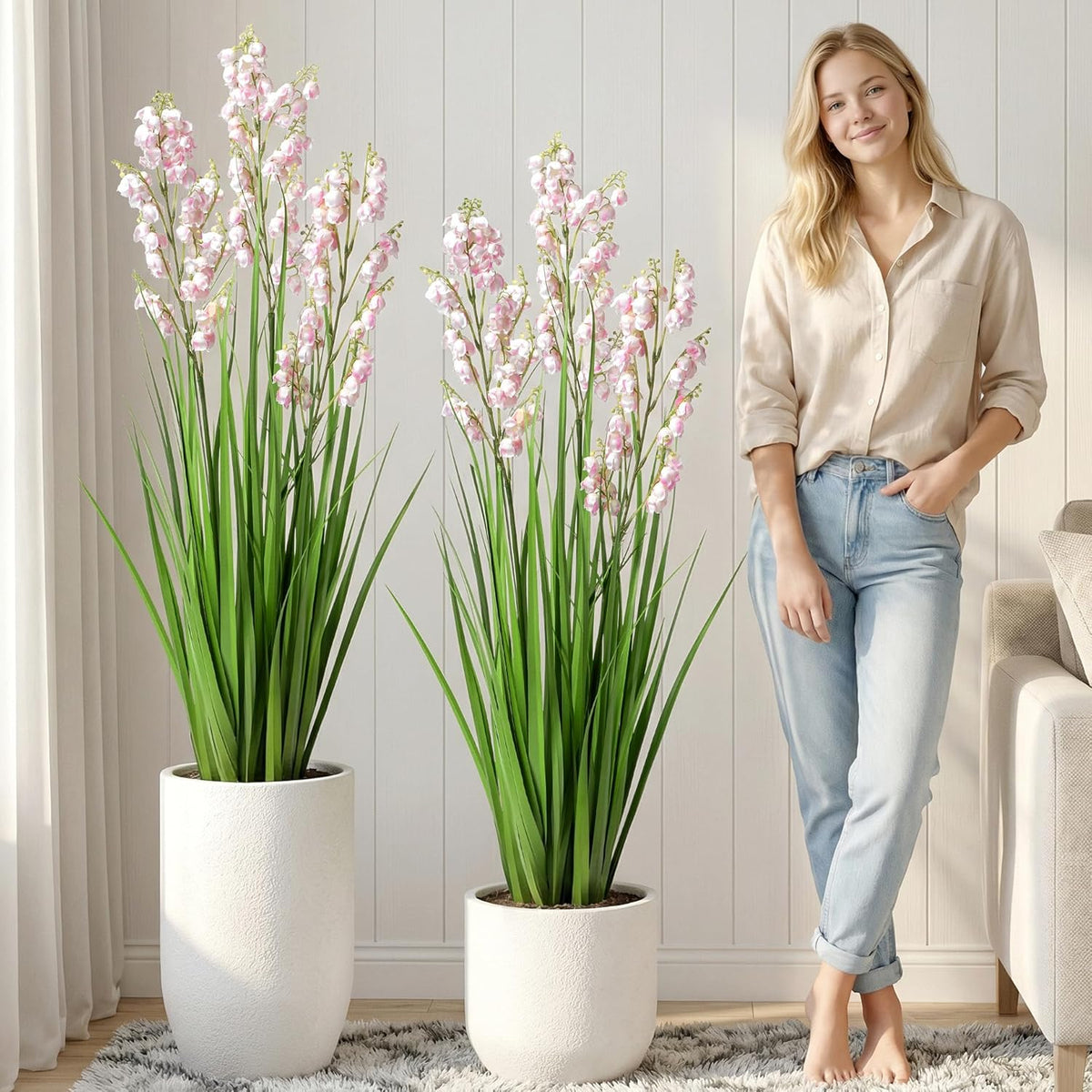 2 Pack Artificial Grass Plants with Pots 36 Inch, Pink Flower Fake Plants, Faux Grass Plants for Indoor Living Room Bedroom Office Entryway Porch Patio Outdoor Home Decor