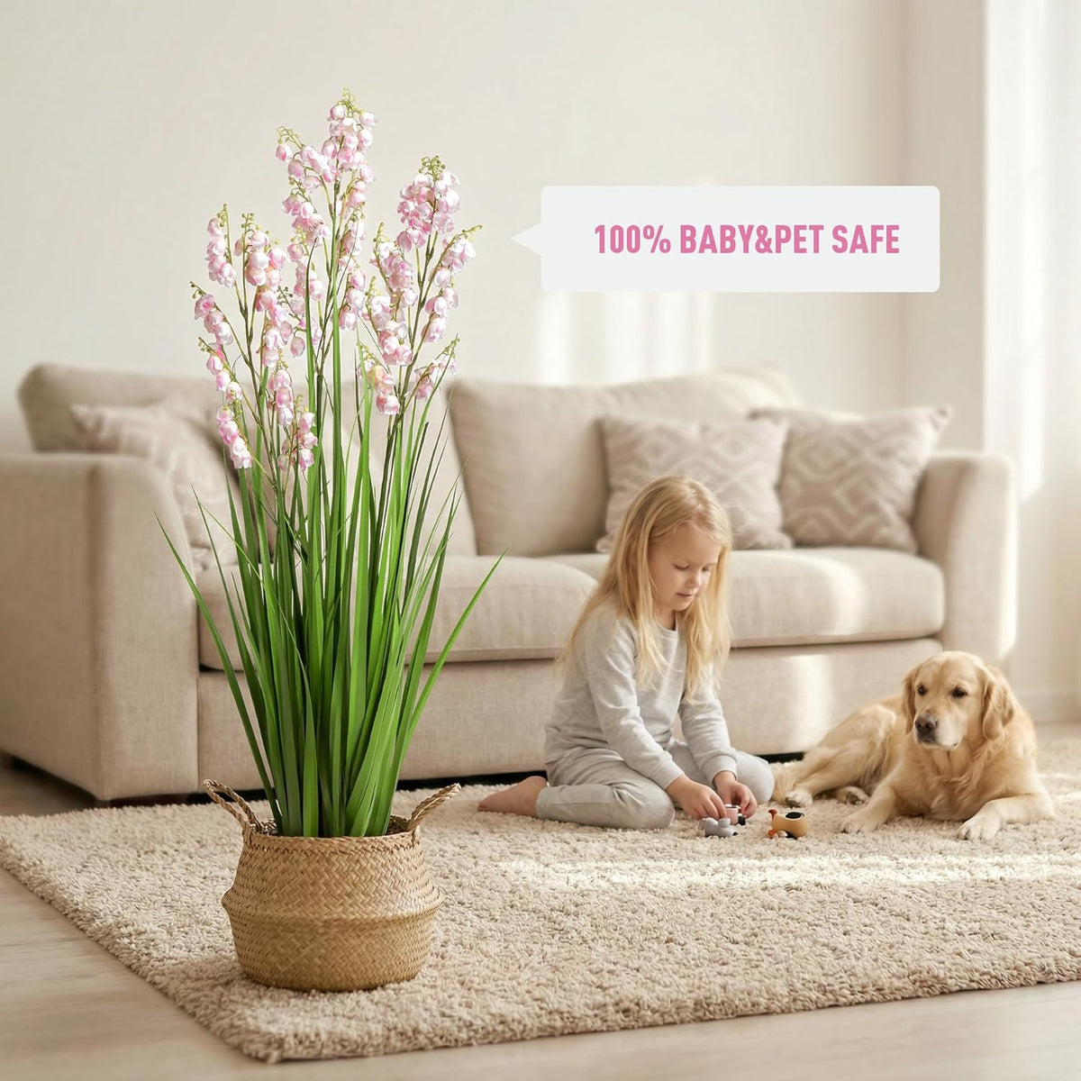 2 Pack Artificial Grass Plants with Pots 36 Inch, Pink Flower Fake Plants, Faux Grass Plants for Indoor Living Room Bedroom Office Entryway Porch Patio Outdoor Home Decor