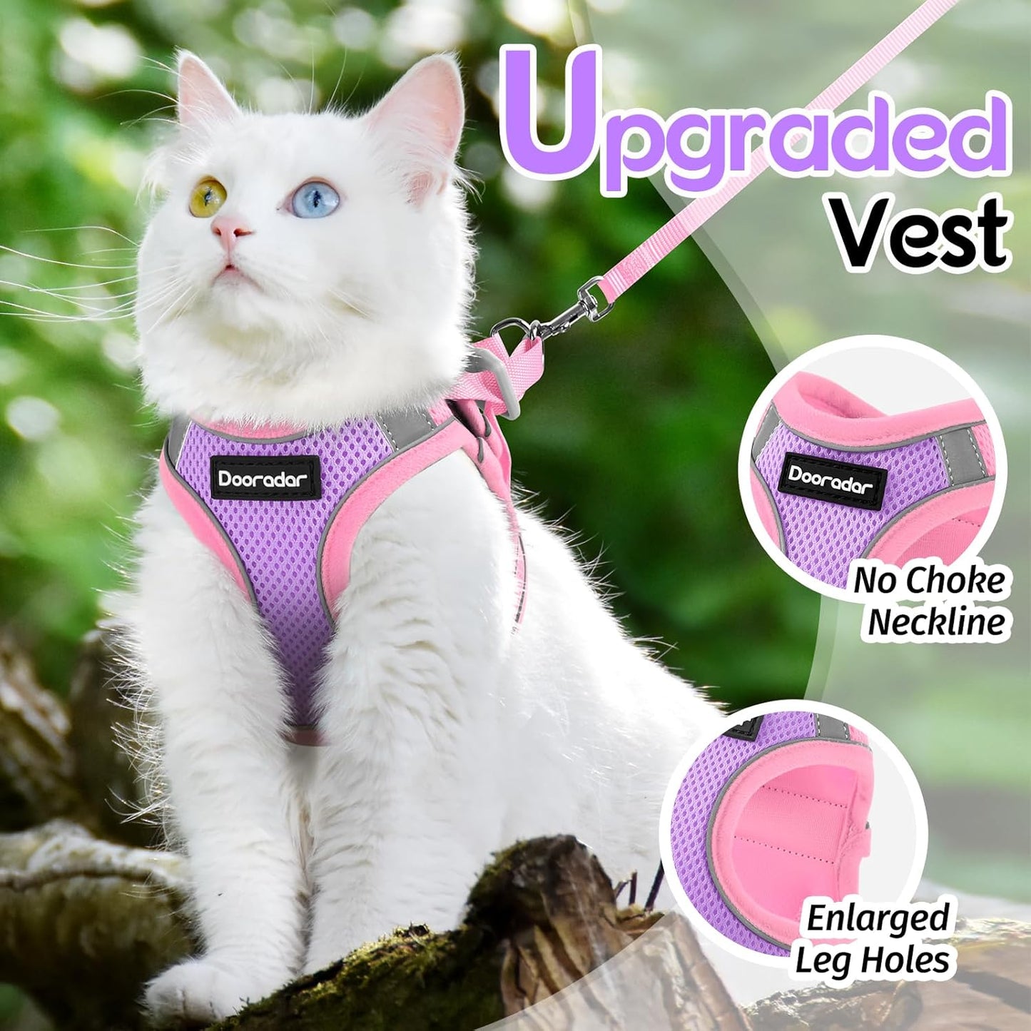 Cat Harness and Leash Set, Easy-on Vest, Purple & Pink | Escape Proof, Adjustable, Soft & Lightweight, Secure Hook & Loop with Buckle, Reflective, for Small Cats Walks, M