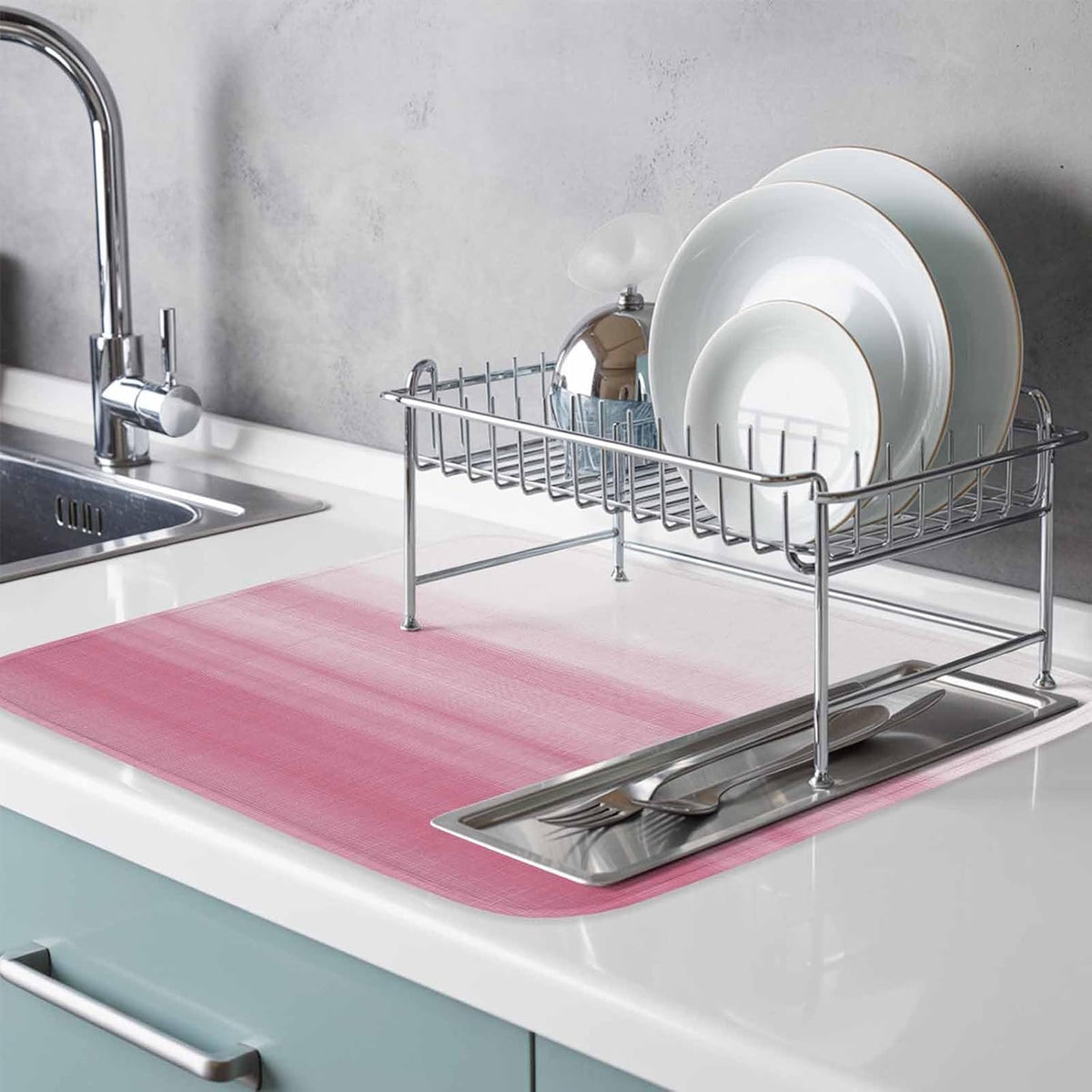 Farm Watercolor Pink White Color Ombre Dish Drying Mat,18"x24",Modern Abstract Line Super Absorbent Kitchen Mats Dish Drying Pad for Kitchen Counter