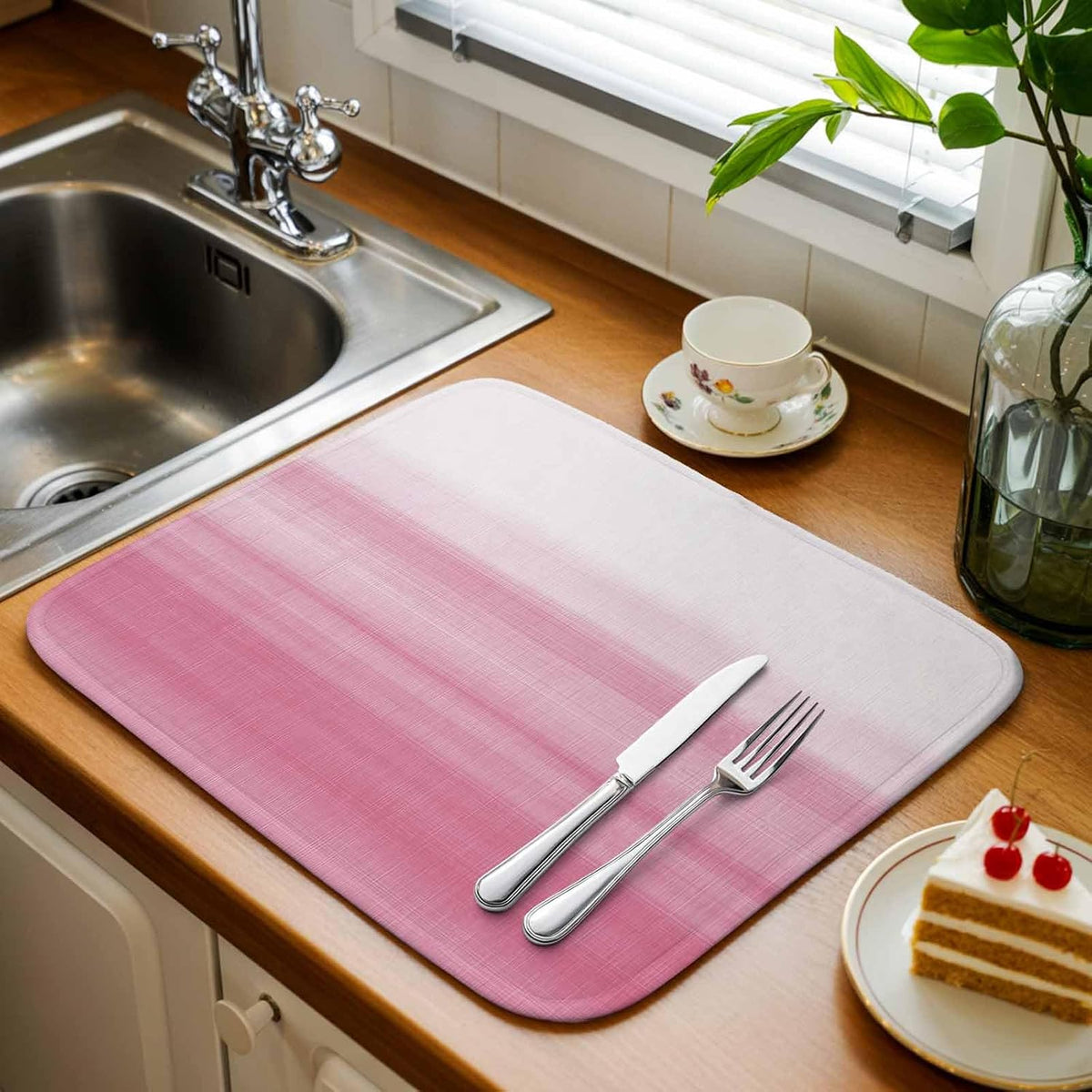 Farm Watercolor Pink White Color Ombre Dish Drying Mat,18"x24",Modern Abstract Line Super Absorbent Kitchen Mats Dish Drying Pad for Kitchen Counter