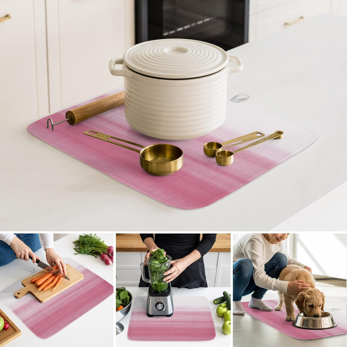 Farm Watercolor Pink White Color Ombre Dish Drying Mat,18"x24",Modern Abstract Line Super Absorbent Kitchen Mats Dish Drying Pad for Kitchen Counter
