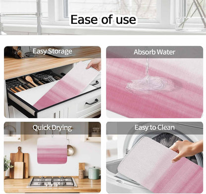 Farm Watercolor Pink White Color Ombre Dish Drying Mat,18"x24",Modern Abstract Line Super Absorbent Kitchen Mats Dish Drying Pad for Kitchen Counter