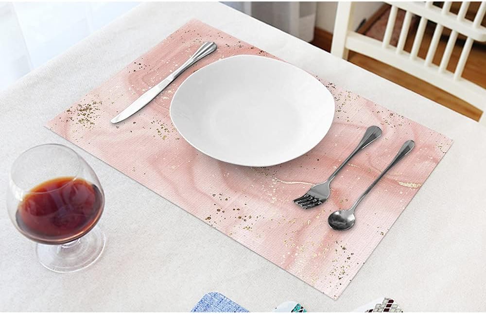 Aesthetic Marble Placemat Non-Slip Cotton Linen Washable Place Mats Pink Gold Glitter Splatter for Dining Table Kitchen Heat Resistant Table Mats, Set of 4