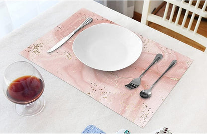 Aesthetic Marble Placemat Non-Slip Cotton Linen Washable Place Mats Pink Gold Glitter Splatter for Dining Table Kitchen Heat Resistant Table Mats, Set of 4