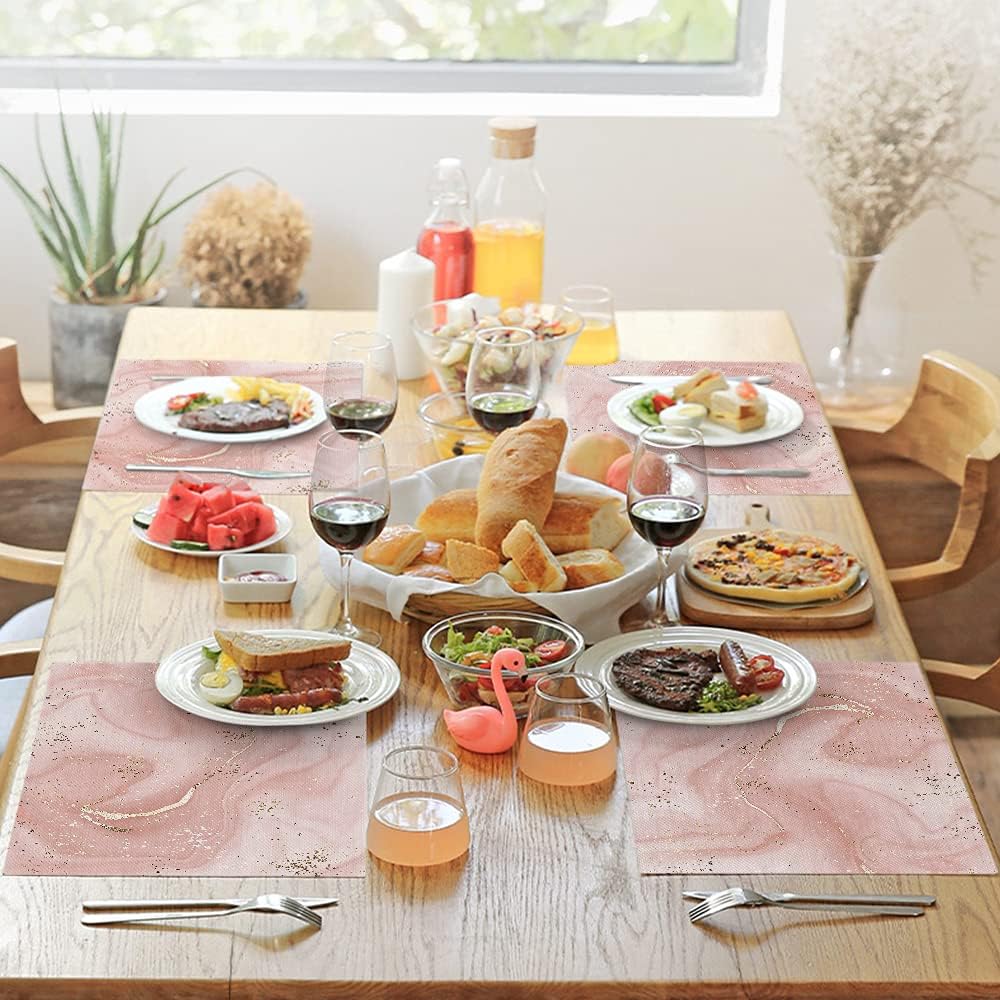 Aesthetic Marble Placemat Non-Slip Cotton Linen Washable Place Mats Pink Gold Glitter Splatter for Dining Table Kitchen Heat Resistant Table Mats, Set of 4