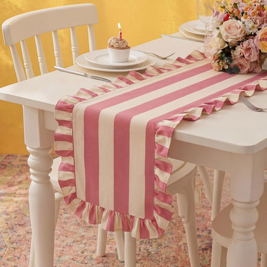 Ruffle Edge Striped Table Runner 118 x 15.7 Inch Scalloped Table Cover Farmhouse Linen-Cotton Blend Fabric Tabletop Decor for Home Kitchen Dinner Wedding Bridal Shower Party