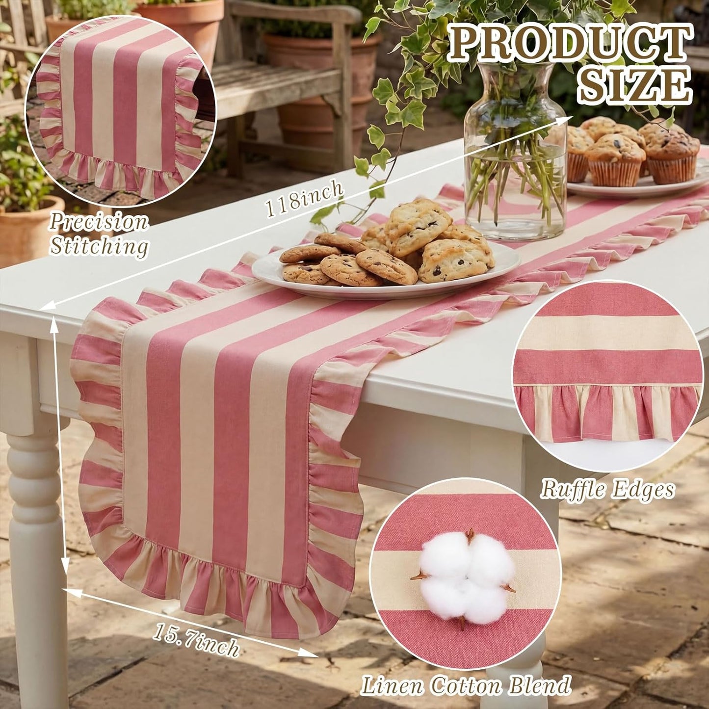 Ruffle Edge Striped Table Runner 118 x 15.7 Inch Scalloped Table Cover Farmhouse Linen-Cotton Blend Fabric Tabletop Decor for Home Kitchen Dinner Wedding Bridal Shower Party