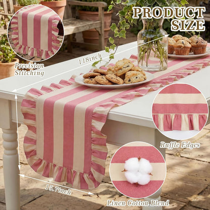 Ruffle Edge Striped Table Runner 118 x 15.7 Inch Scalloped Table Cover Farmhouse Linen-Cotton Blend Fabric Tabletop Decor for Home Kitchen Dinner Wedding Bridal Shower Party