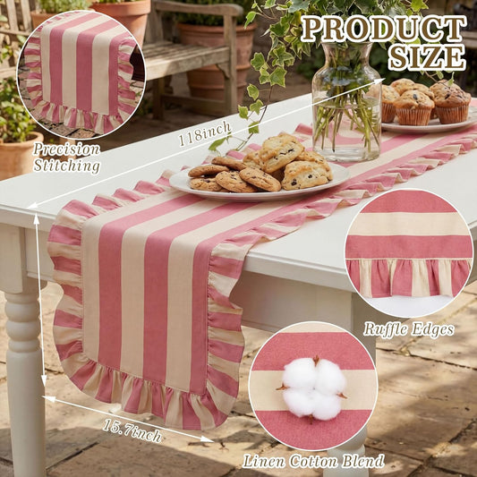 Ruffle Edge Striped Table Runner 118 x 15.7 Inch Scalloped Table Cover Farmhouse Linen-Cotton Blend Fabric Tabletop Decor for Home Kitchen Dinner Wedding Bridal Shower Party