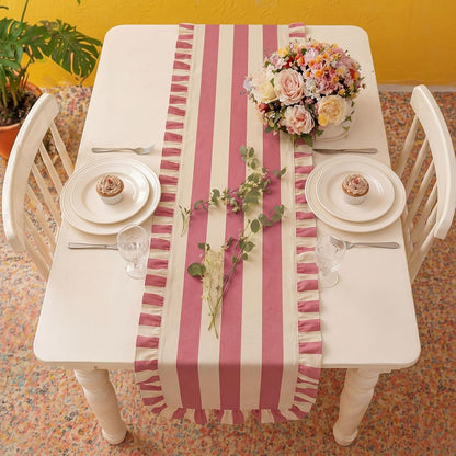 Ruffle Edge Striped Table Runner 118 x 15.7 Inch Scalloped Table Cover Farmhouse Linen-Cotton Blend Fabric Tabletop Decor for Home Kitchen Dinner Wedding Bridal Shower Party