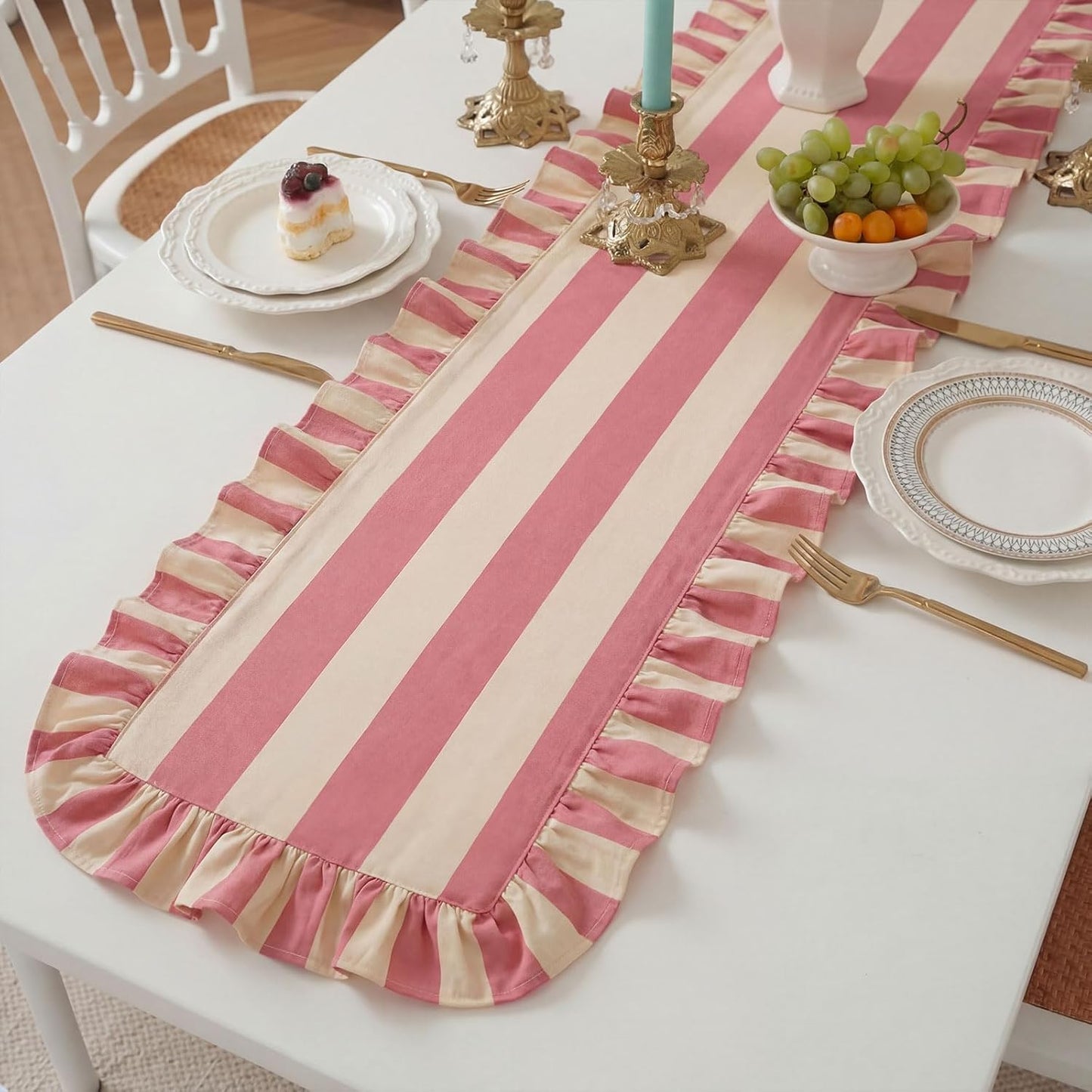 Ruffle Edge Striped Table Runner 118 x 15.7 Inch Scalloped Table Cover Farmhouse Linen-Cotton Blend Fabric Tabletop Decor for Home Kitchen Dinner Wedding Bridal Shower Party