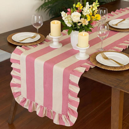 Ruffle Edge Striped Table Runner 118 x 15.7 Inch Scalloped Table Cover Farmhouse Linen-Cotton Blend Fabric Tabletop Decor for Home Kitchen Dinner Wedding Bridal Shower Party