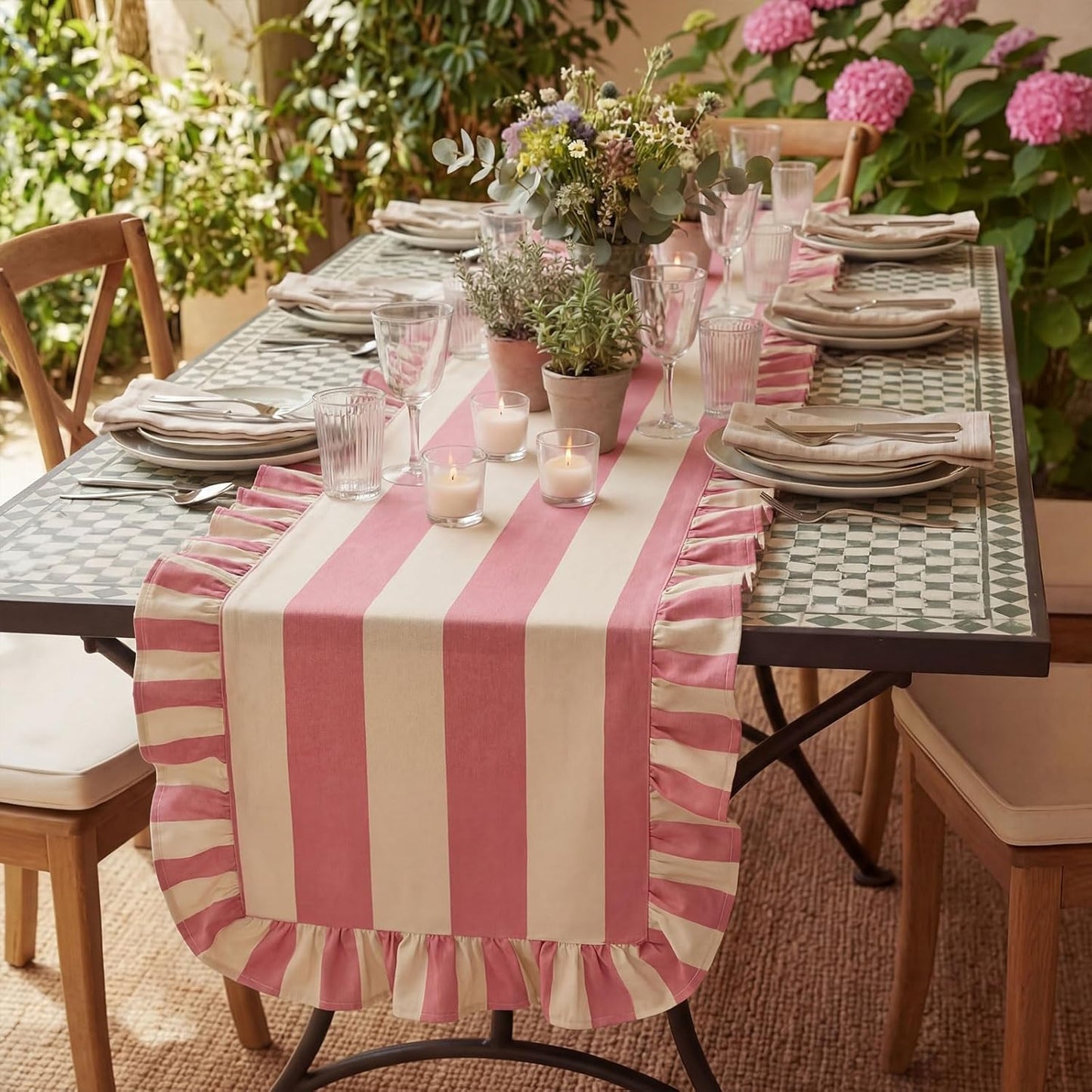 Ruffle Edge Striped Table Runner 118 x 15.7 Inch Scalloped Table Cover Farmhouse Linen-Cotton Blend Fabric Tabletop Decor for Home Kitchen Dinner Wedding Bridal Shower Party