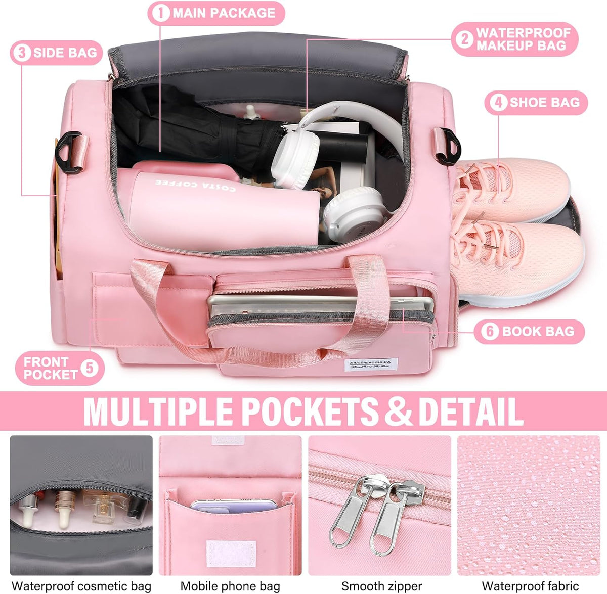 Gym & Dance Duffle Bag - Spacious Travel Organizer with Compartments (Pink)