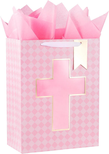 Gift Bag with Pink Diamond and Cross Design, Tissue Paper for Baby Girl Baptisms, Christenings, First Communions Religious Occasion - 10" x 5" x 13", 1 Pcs