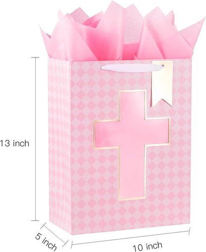 Gift Bag with Pink Diamond and Cross Design, Tissue Paper for Baby Girl Baptisms, Christenings, First Communions Religious Occasion - 10" x 5" x 13", 1 Pcs