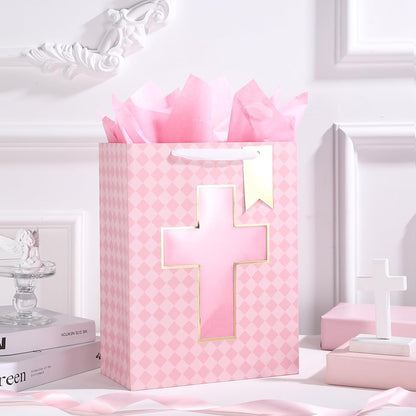 Gift Bag with Pink Diamond and Cross Design, Tissue Paper for Baby Girl Baptisms, Christenings, First Communions Religious Occasion - 10" x 5" x 13", 1 Pcs
