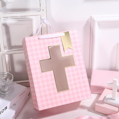 Gift Bag with Pink Diamond and Cross Design, Tissue Paper for Baby Girl Baptisms, Christenings, First Communions Religious Occasion - 10" x 5" x 13", 1 Pcs