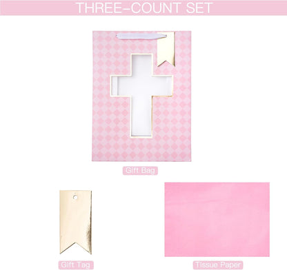 Gift Bag with Pink Diamond and Cross Design, Tissue Paper for Baby Girl Baptisms, Christenings, First Communions Religious Occasion - 10" x 5" x 13", 1 Pcs