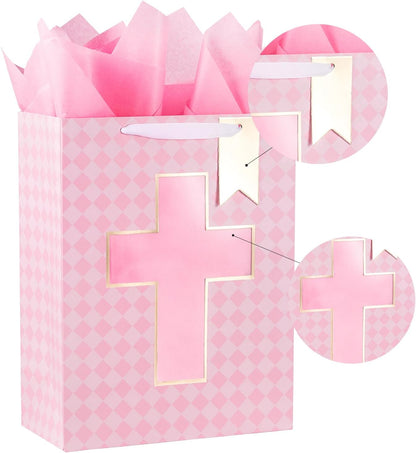 Gift Bag with Pink Diamond and Cross Design, Tissue Paper for Baby Girl Baptisms, Christenings, First Communions Religious Occasion - 10" x 5" x 13", 1 Pcs
