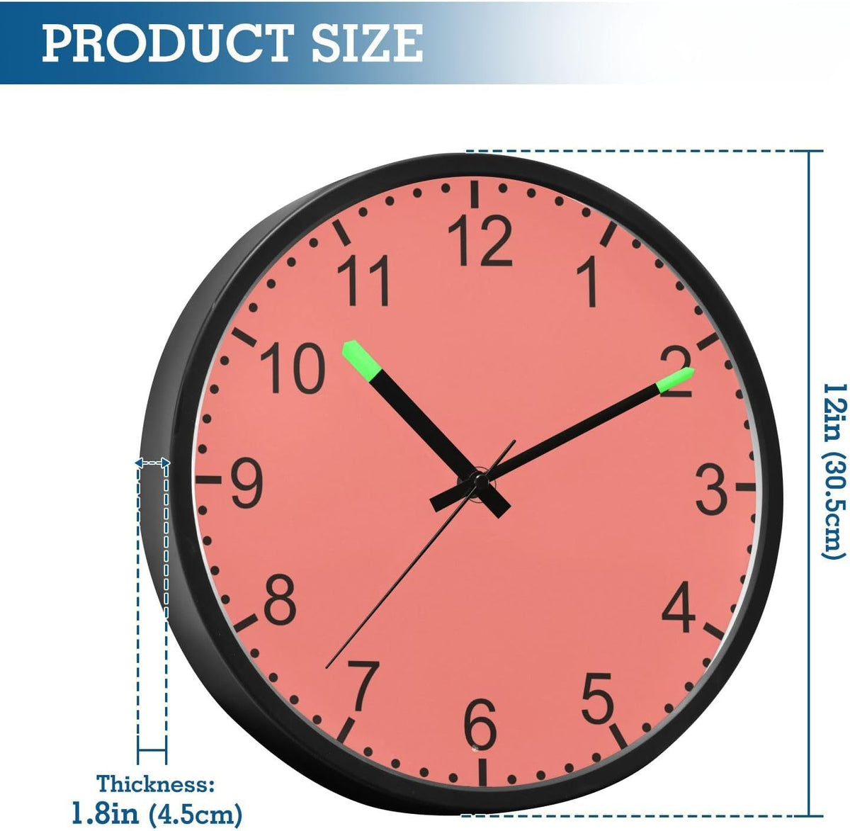 Coral Pink Glow in The Dark Wall Clock 12" Battery Wall Clock with Light for Night