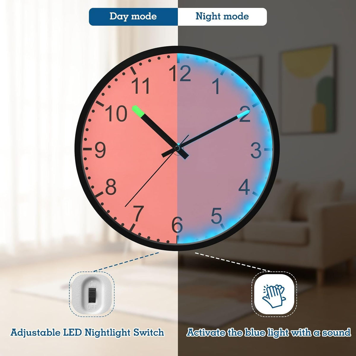 Coral Pink Glow in The Dark Wall Clock 12" Battery Wall Clock with Light for Night