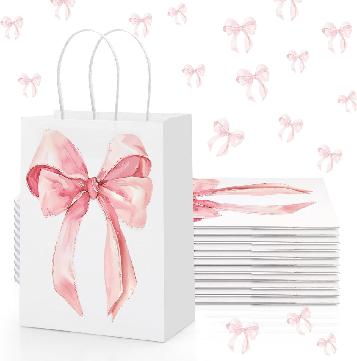 12PCS Coquette Pink Bow Paper Gift Bags, Party Favor Bags, Pink Goodie Bags for Birthday&Bachelorette Party Decoration Coquette Bow Gift Pouches with Handles 8.3x5.9x3.1 Inch