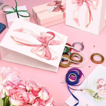 12PCS Coquette Pink Bow Paper Gift Bags, Party Favor Bags, Pink Goodie Bags for Birthday&Bachelorette Party Decoration Coquette Bow Gift Pouches with Handles 8.3x5.9x3.1 Inch