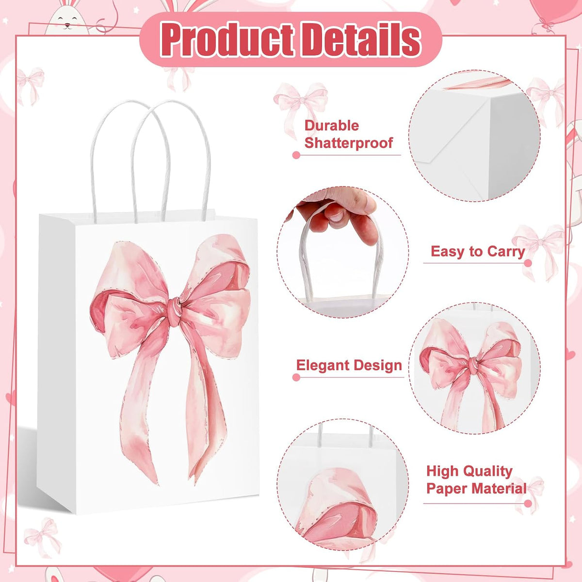 12PCS Coquette Pink Bow Paper Gift Bags, Party Favor Bags, Pink Goodie Bags for Birthday&Bachelorette Party Decoration Coquette Bow Gift Pouches with Handles 8.3x5.9x3.1 Inch