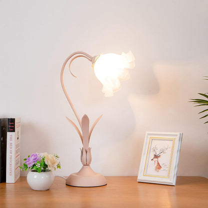Table Lamp Pink Flower Desk Lamps Retro Unique Glass Flower Lampshade Bedside Lamp for Nightstand Living Room End Table