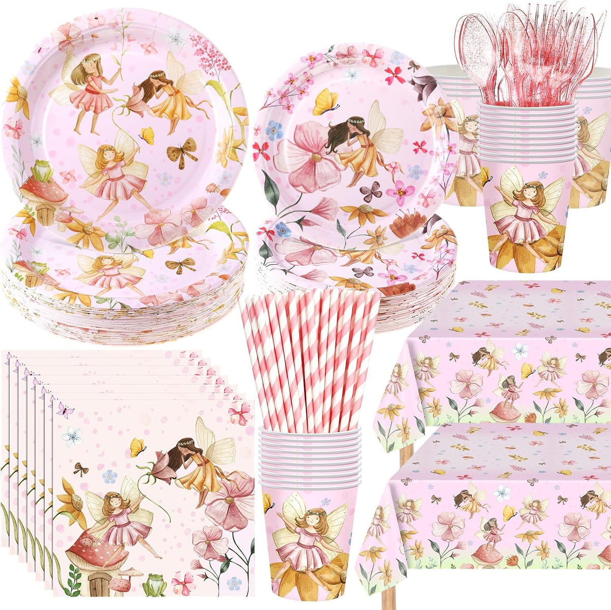452 Pcs Themes Party Supplies Decorations for 50 Guests, Paper Plates Napkins Cups Tablecloth Cutlery Straws for Birthday Baby Shower Party Decorations(Pink,Fairy)