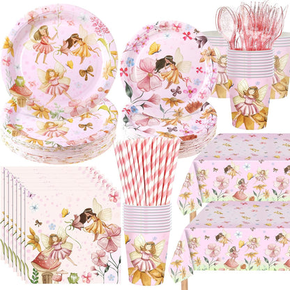 452 Pcs Themes Party Supplies Decorations for 50 Guests, Paper Plates Napkins Cups Tablecloth Cutlery Straws for Birthday Baby Shower Party Decorations(Pink,Fairy)