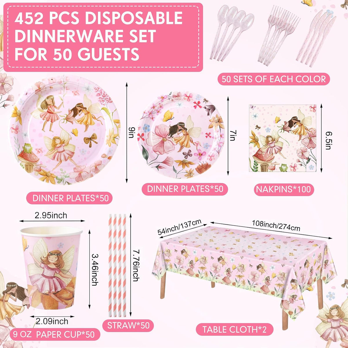 452 Pcs Themes Party Supplies Decorations for 50 Guests, Paper Plates Napkins Cups Tablecloth Cutlery Straws for Birthday Baby Shower Party Decorations(Pink,Fairy)