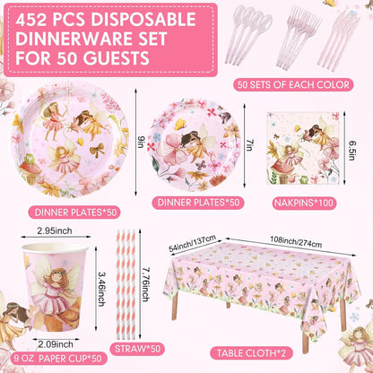 452 Pcs Themes Party Supplies Decorations for 50 Guests, Paper Plates Napkins Cups Tablecloth Cutlery Straws for Birthday Baby Shower Party Decorations(Pink,Fairy)