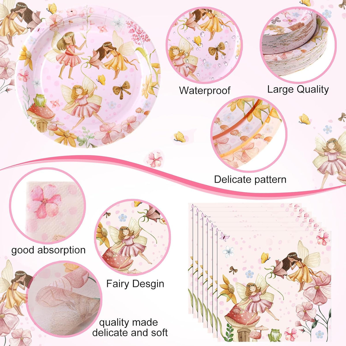452 Pcs Themes Party Supplies Decorations for 50 Guests, Paper Plates Napkins Cups Tablecloth Cutlery Straws for Birthday Baby Shower Party Decorations(Pink,Fairy)