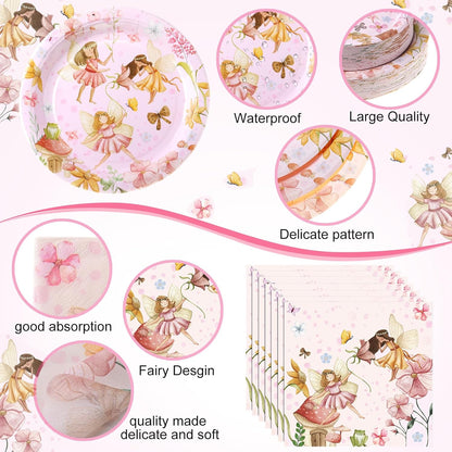 452 Pcs Themes Party Supplies Decorations for 50 Guests, Paper Plates Napkins Cups Tablecloth Cutlery Straws for Birthday Baby Shower Party Decorations(Pink,Fairy)