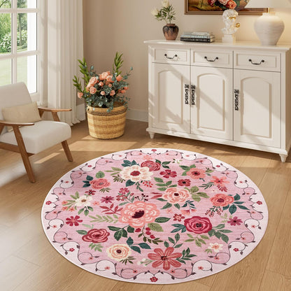 4ft Round Rug, Floral Washable Small Round Area Rug Non Slip, Pink
