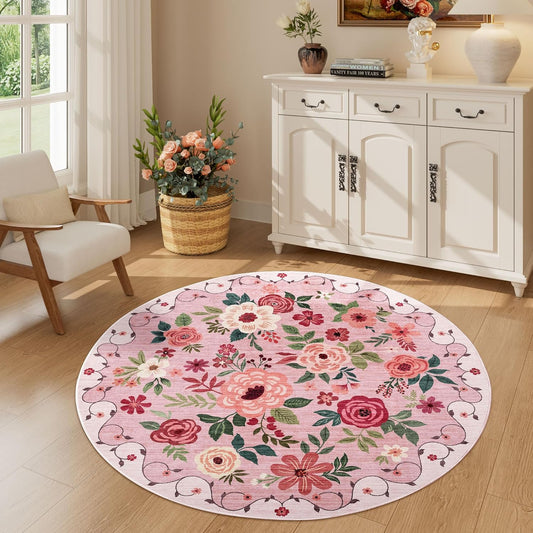 4ft Round Rug, Floral Washable Small Round Area Rug Non Slip, Pink