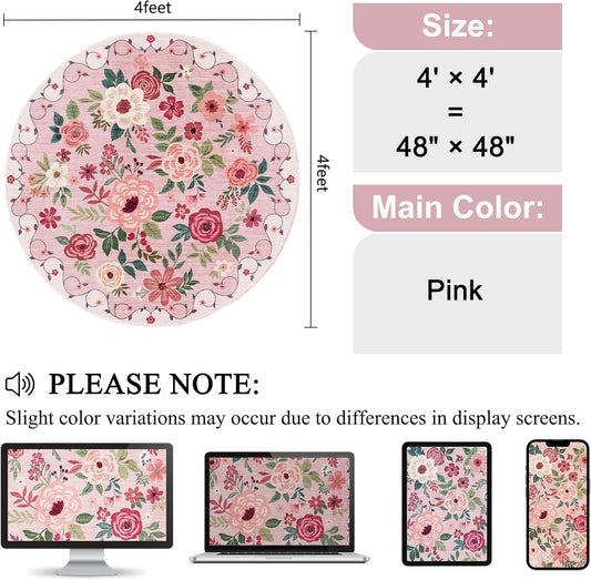 4ft Round Rug, Floral Washable Small Round Area Rug Non Slip, Pink