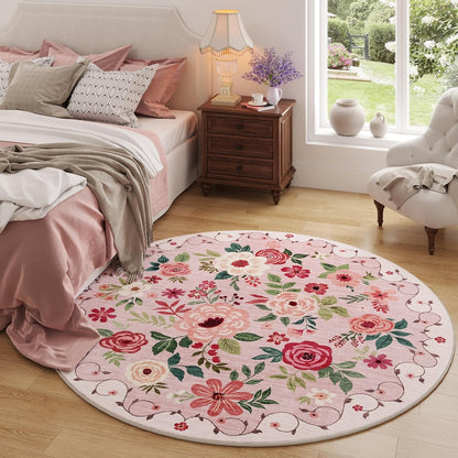 4ft Round Rug, Floral Washable Small Round Area Rug Non Slip, Pink