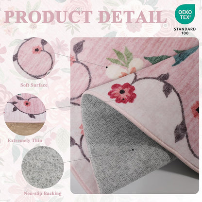 4ft Round Rug, Floral Washable Small Round Area Rug Non Slip, Pink