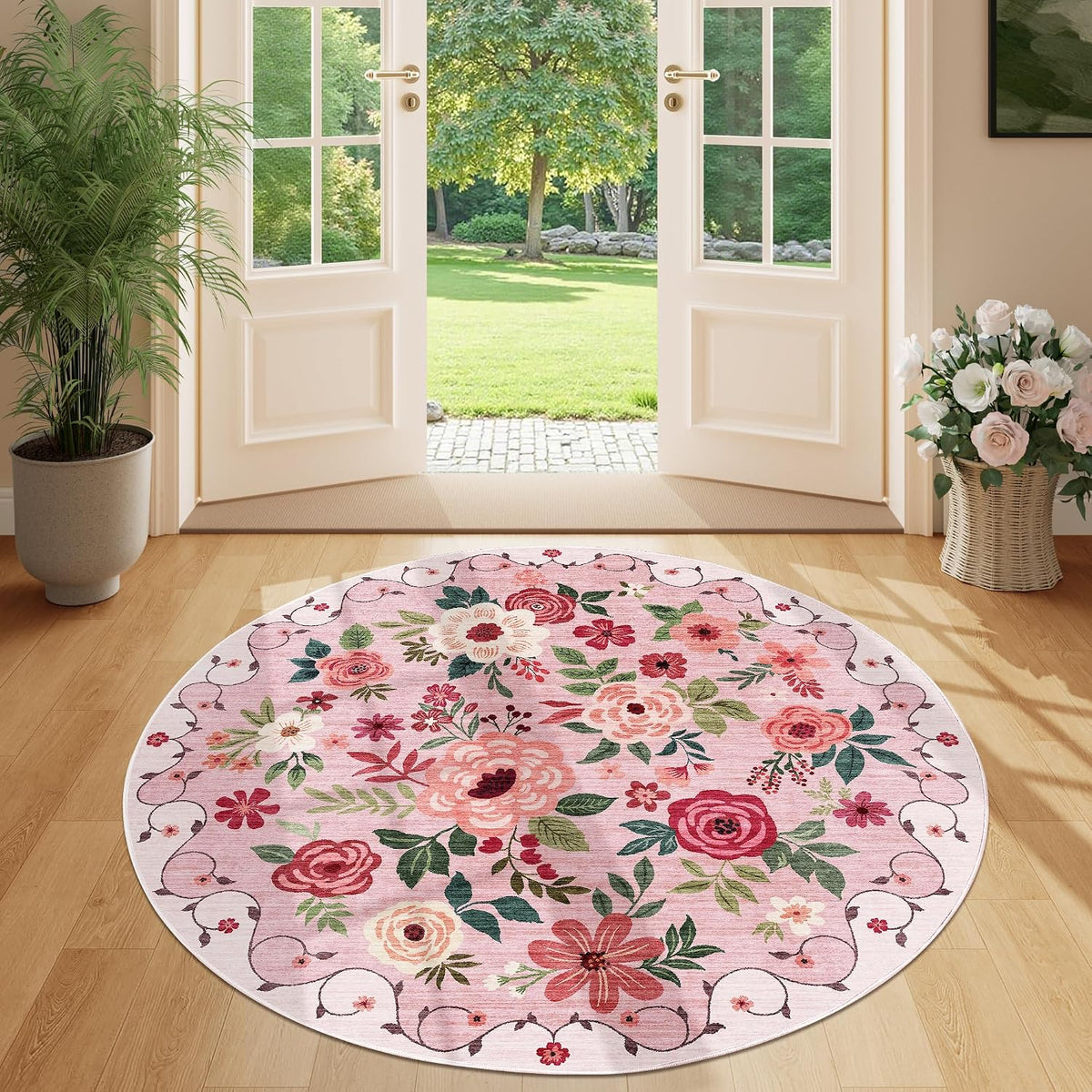 4ft Round Rug, Floral Washable Small Round Area Rug Non Slip, Pink