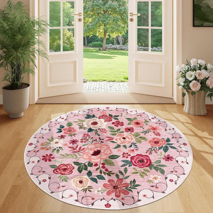 4ft Round Rug, Floral Washable Small Round Area Rug Non Slip, Pink