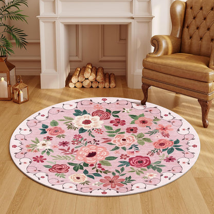 4ft Round Rug, Floral Washable Small Round Area Rug Non Slip, Pink