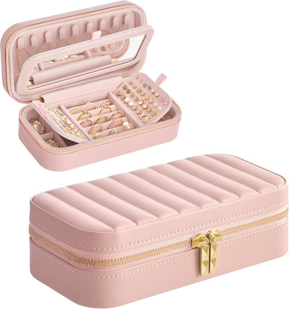 Travel Jewelry Case, Travel Jewelry Box Organizer with Mirror, 4.1 x 8 x 2.4 Inches, Stitching, Portable, Gift Idea, Jelly Pink UJBC180S01