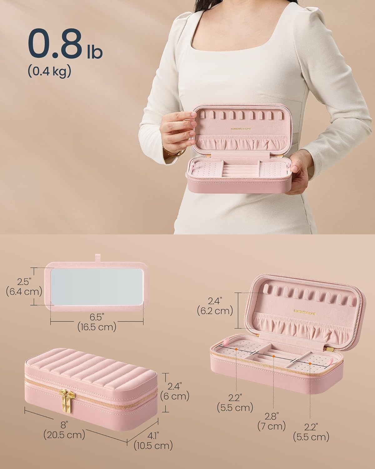 Travel Jewelry Case, Travel Jewelry Box Organizer with Mirror, 4.1 x 8 x 2.4 Inches, Stitching, Portable, Gift Idea, Jelly Pink UJBC180S01