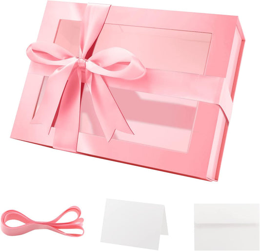 Pink Gift Box with Window, 9x6.5x3.8 Inches, Clear Gift Box for Present Contains Ribbon, Card, Bridesmaid Proposal Box with Magnetic Lid (Glossy Pink)